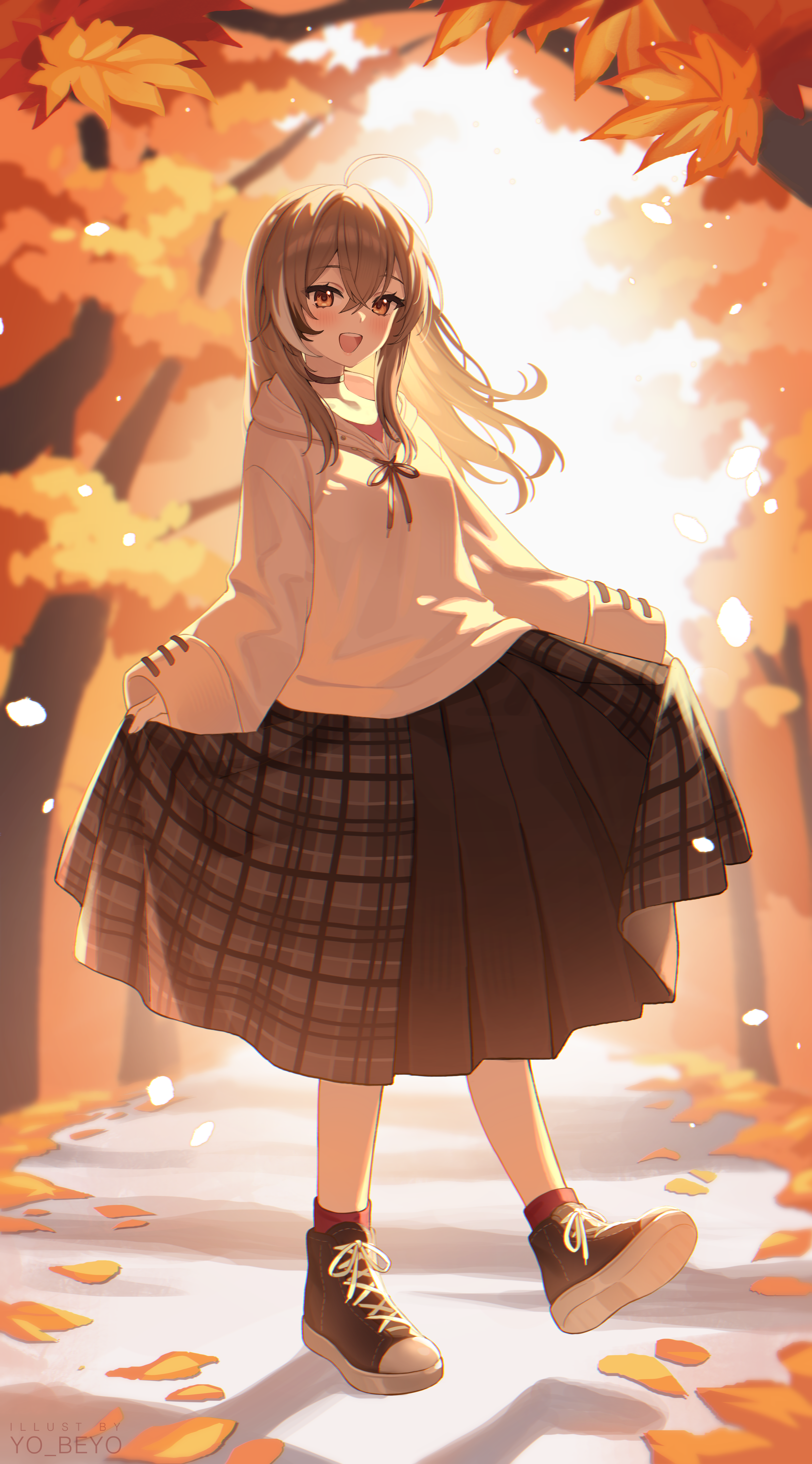 beyo, nanashi mumei, nanashi mumei (casual), hololive, hololive english, absurdres, commentary, highres, 1girl, ahoge, artist name, autumn leaves, black hair, black shoes, blush, brown eyes, brown hair, brown skirt, crossed bangs, day, falling leaves, floating hair, full body, hair between eyes, high tops, hood, hoodie, leaf, long hair, long skirt, long sleeves, looking at viewer, multicolored hair, official alternate costume, open mouth, outdoors, plaid clothes, plaid skirt, pleated skirt, red socks, shoes, skirt, skirt hold, smile, sneakers, socks, solo, standing, standing on one leg, streaked hair, tree, virtual youtuber, white hair, white hoodie
