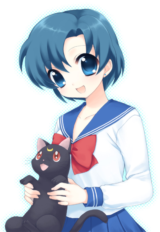 usashiro mani, luna (sailor moon), mizuno ami, bishoujo senshi sailor moon, 1990s (style), 1girl, black cat, blue eyes, blue hair, blue sailor collar, cat, crescent, crescent facial mark, facial mark, female focus, happy, retro artstyle, sailor collar, school uniform, serafuku, short hair, solo