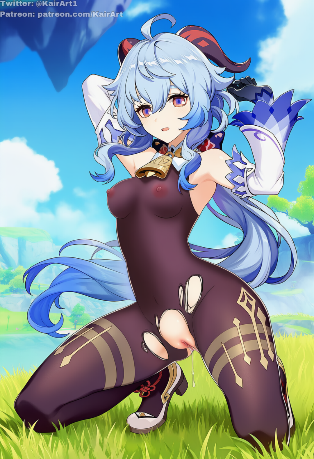 kairart, ganyu (genshin impact), genshin impact, patreon, bad source, highres, nude filter, official art, third-party edit, 1girl, artist name, bodysuit, leggings, legs, nude, on bed, pants, patreon username, pussy, pussy juice, see-through clothes, solo, spread legs, torn bodysuit, torn clothes, torn leggings, torn pants, twitter username