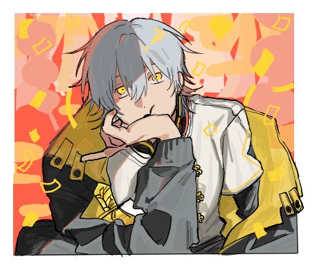 caelus (chinese new year 2024) (honkai: star rail), caelus (honkai: star rail), trailblazer (honkai: star rail), honkai: star rail, honkai (series), lowres, 1boy, black jacket, border, chinese clothes, closed mouth, confetti, earrings, flower knot, grey hair, hair between eyes, hand on own face, hand up, hazime708, jacket, jewelry, long sleeves, looking at viewer, male focus, mandarin collar, official alternate costume, open clothes, open jacket, pink background, puffy long sleeves, puffy sleeves, shirt, short hair, solo, tangzhuang, two-sided fabric, two-sided jacket, upper body, white border, white shirt, yellow eyes, yellow jacket