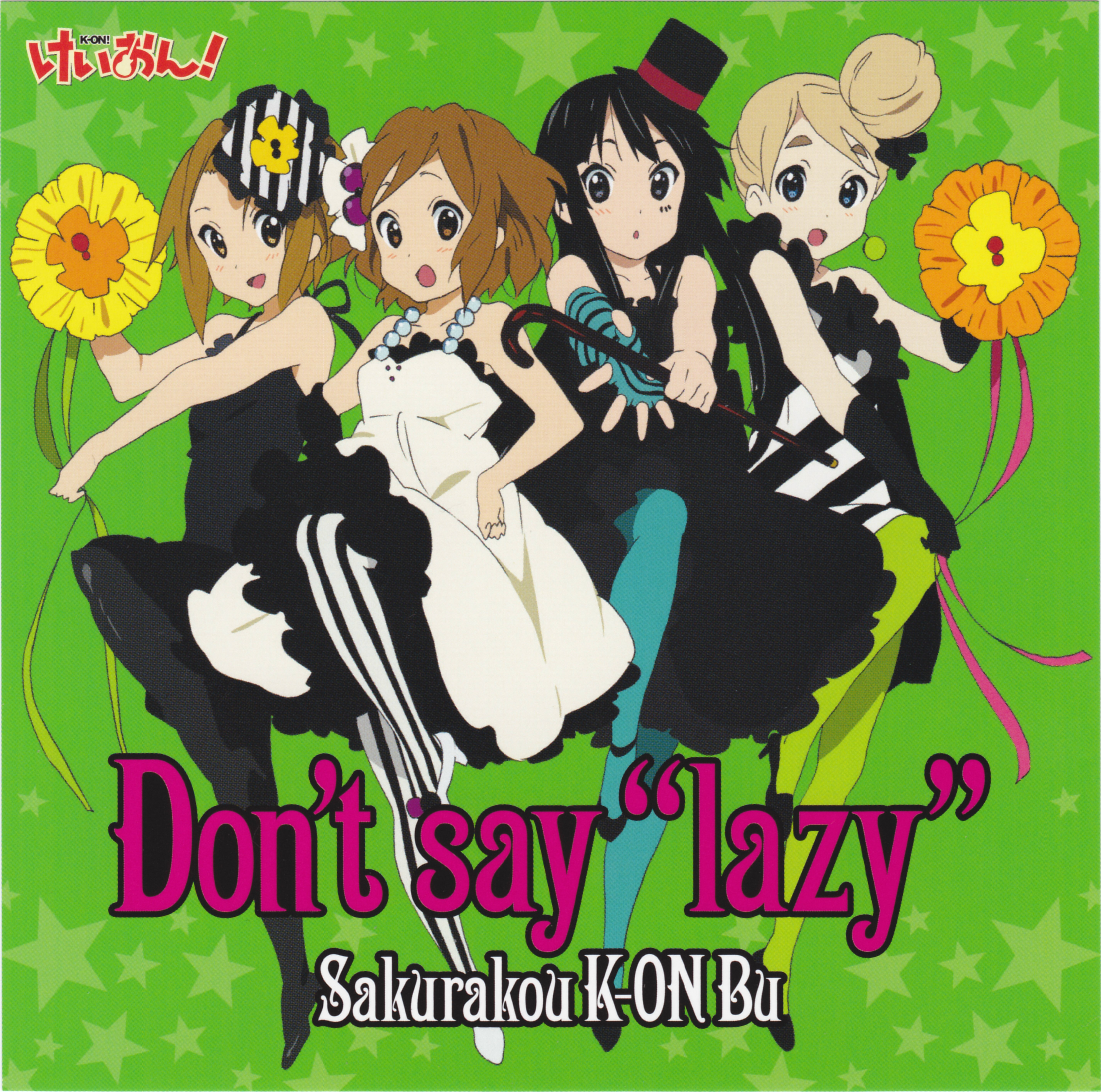 akiyama mio, hirasawa yui, kotobuki tsumugi, tainaka ritsu, don't say "lazy", k-on!, striped legwear, vertical-striped legwear, absurdres, highres, official art, 00s, 4girls, album cover, black hair, blonde hair, blue pantyhose, brown hair, cane, cover, green pantyhose, hair bun, hat, ho-kago tea time, long hair, mini hat, mini top hat, multiple girls, pantyhose, short hair, single hair bun, striped clothes, striped pantyhose, top hat, vertical-striped clothes, vertical-striped pantyhose