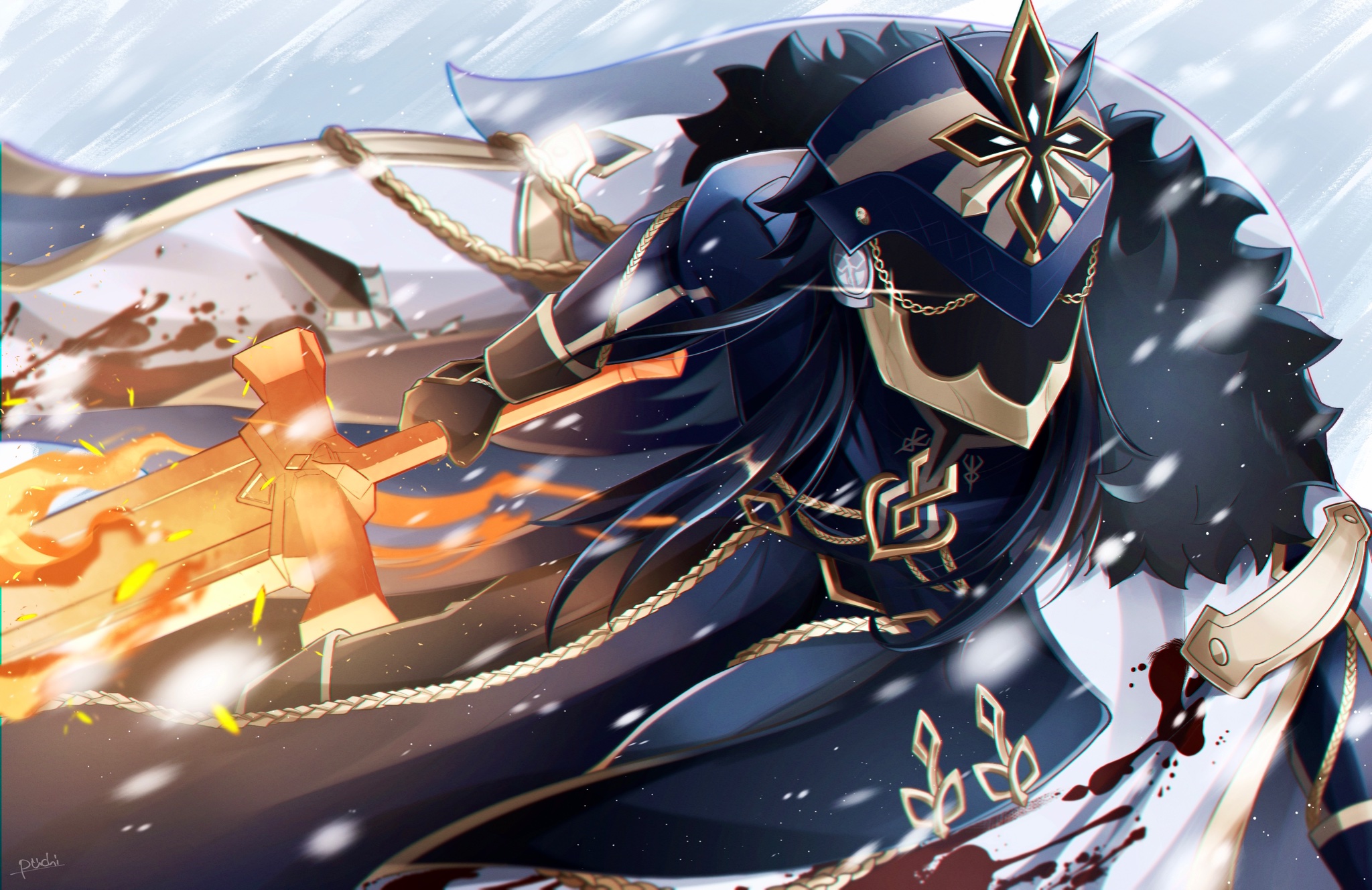 uouzzz, capitano (genshin impact), genshin impact, commentary request, highres, 1boy, armor, black armor, black coat, black hair, black helmet, blood, blood on clothes, blood splatter, coat, fire, flaming sword, flaming weapon, helmet, holding, holding sword, holding weapon, long hair, male focus, outstretched arm, sleeve cuffs, snowing, solo, sword, weapon