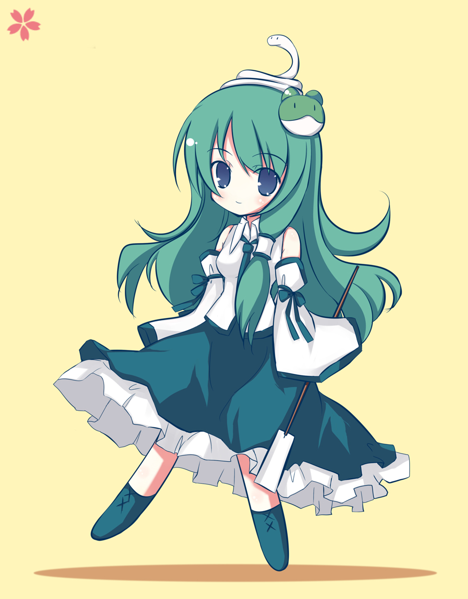 airast, kochiya sanae, touhou, bad id, bad pixiv id, highres, 1girl, blue eyes, detached sleeves, female focus, full body, green hair, long hair, snake, solo