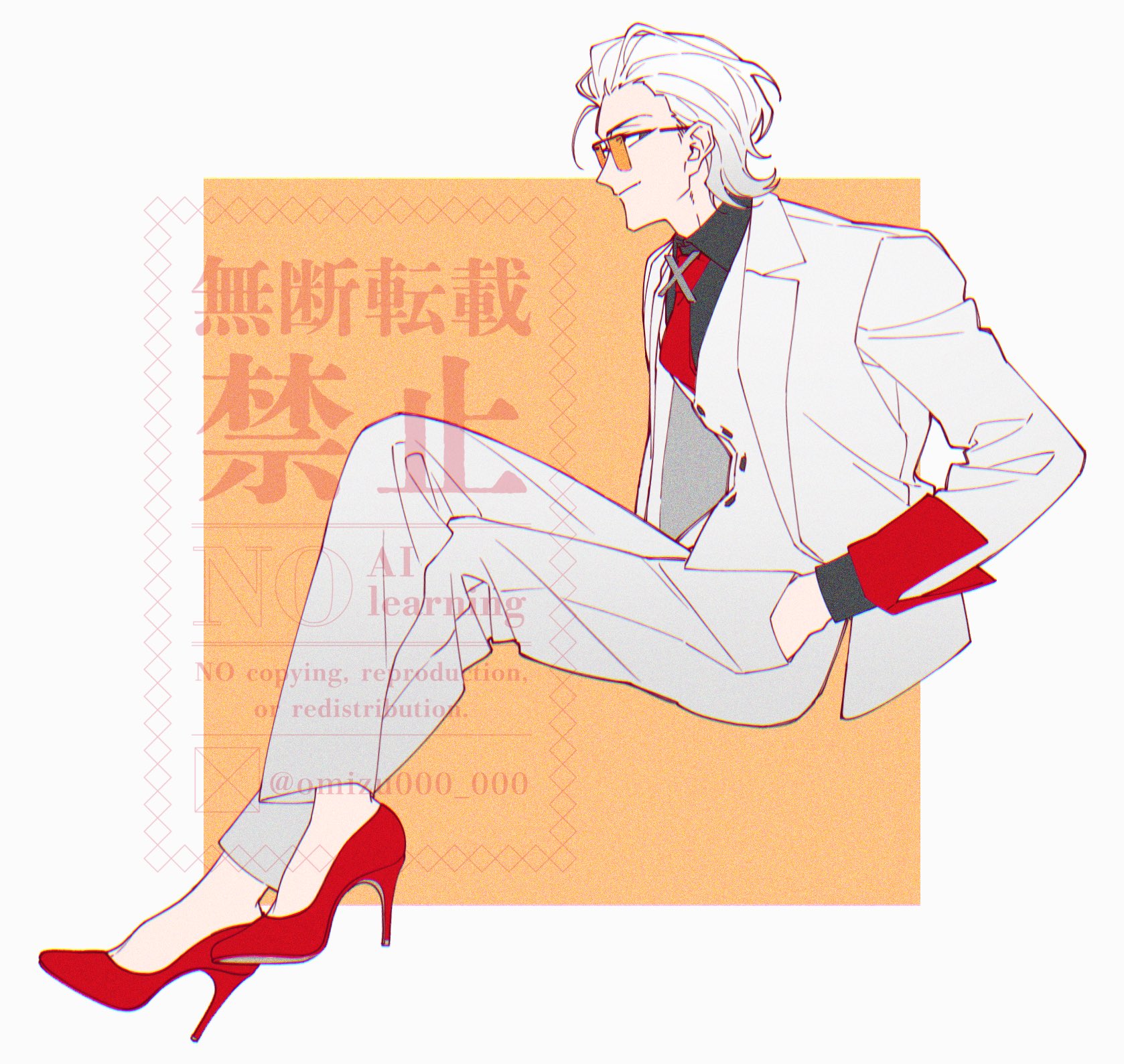 modela (baka x orange), x (to be hero x), to be hero, to be hero x, highres, 1boy, black shirt, border, collared shirt, crossed legs, formal clothes, full body, hair slicked back, hand in pocket, high heels, jacket, light smile, looking at viewer, medium hair, necktie, omizu000 000, orange background, pants, pumps, red necktie, red shoes, shirt, shoes, solo, suit, suit jacket, sunglasses, twitter username, vest, waistcoat, white border, white hair, white jacket, white pants, white suit, white vest