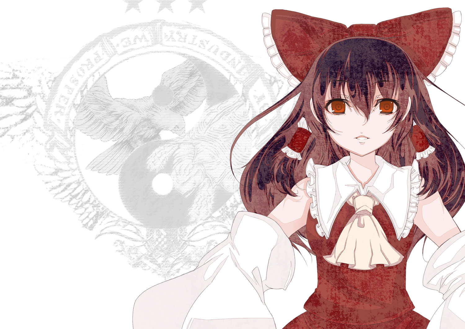 tetsubuta, hakurei reimu, touhou, bad id, bad pixiv id, 1girl, bow, brown hair, detached sleeves, female focus, hair bow, japanese clothes, miko, red bow, red eyes, short hair, solo, white background
