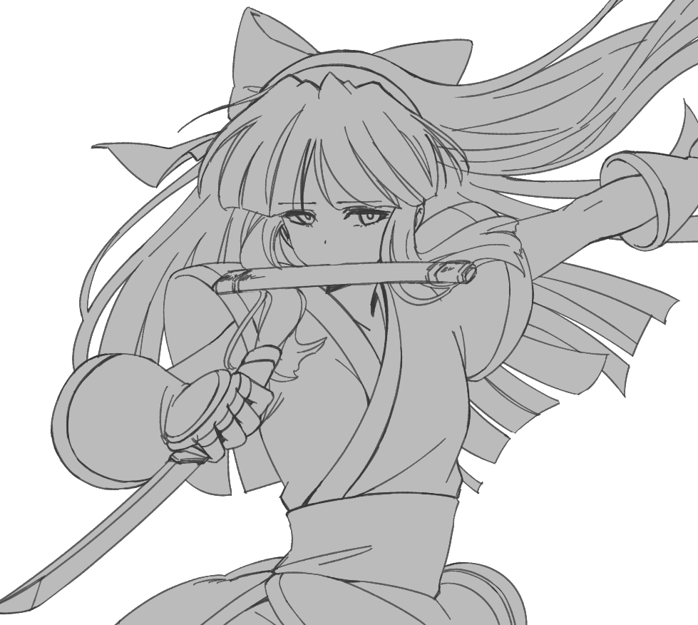 nakoruru, samurai spirits, snk, the king of fighters, 1girl, ainu clothes, breasts, clenched hand, fingerless gloves, gloves, hair ribbon, legs, long hair, looking at viewer, medium breasts, monochrome, mouth hold, pants, ribbon, sketch, solo, thighs, weapon
