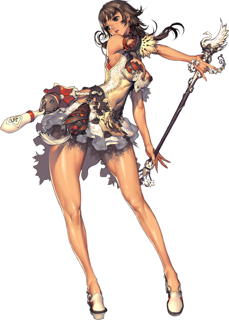 kim hyung tae, zephie, magna carta, magna carta 2, armband, blue eyes, breasts, brown hair, cleavage, high heels, legs, lipstick, long hair, makeup, miniskirt, pleated skirt, shoes, skirt, solo, staff, standing, tank top, wide hips