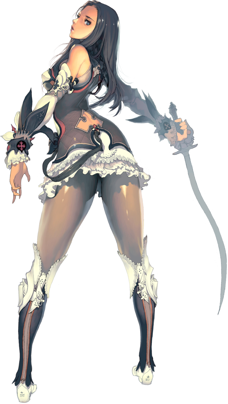 kim hyung tae, melissa tiss, magna carta, magna carta 2, highres, belt, black hair, blue eyes, boots, breasts, elbow gloves, frills, gloves, long hair, looking back, pantyhose, sword, transparent background, weapon
