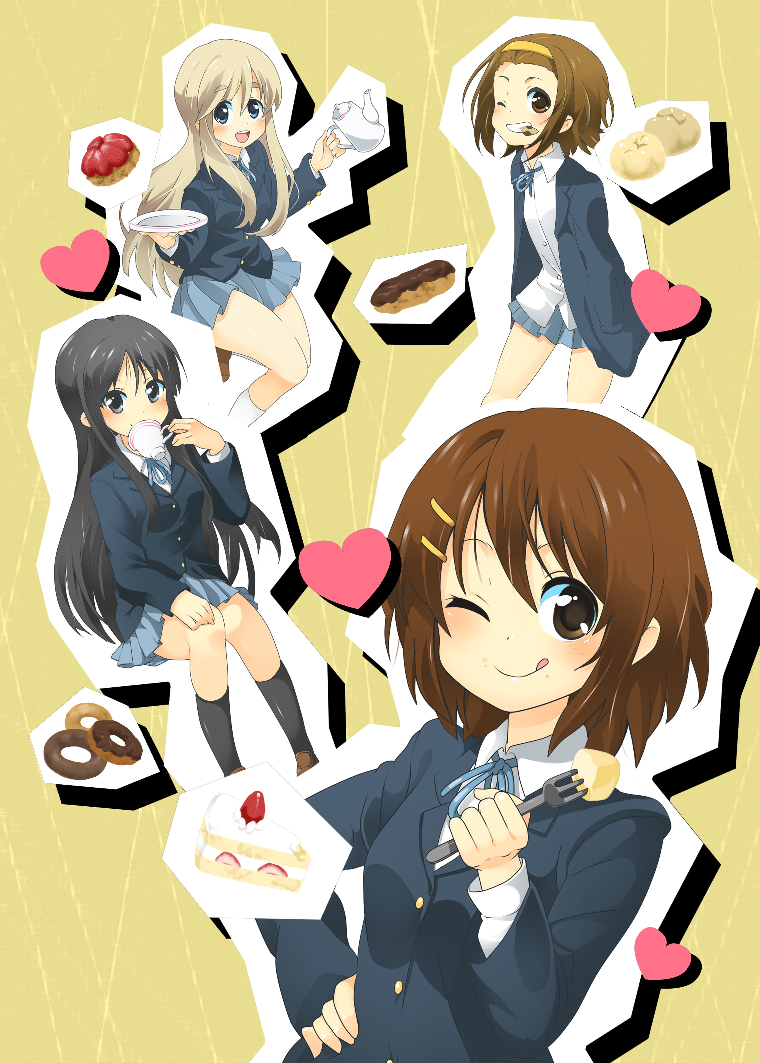 mitsuki meia, akiyama mio, hirasawa yui, kotobuki tsumugi, tainaka ritsu, k-on!, absurdres, highres, 00s, 4girls, black eyes, black hair, blonde hair, blue eyes, brown eyes, brown hair, cake, cake slice, cookie, donut, food, fork, fruit, grin, heart, ho-kago tea time, licking lips, long hair, multiple girls, one eye closed, pastry, school uniform, short hair, smile, strawberry, strawberry shortcake, tea set, tongue, tongue out, wink