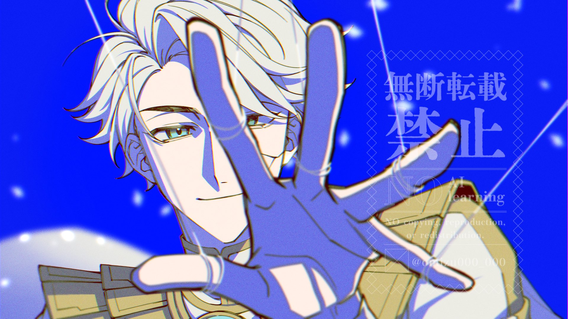 nice (to be hero x), to be hero, to be hero x, highres, 1boy, blue background, blue eyes, closed mouth, cracked skin, gold trim, jacket, looking at viewer, male focus, omizu000 000, outstretched hand, puppet strings, short hair, smile, solo, swept bangs, twitter username, white hair, white jacket