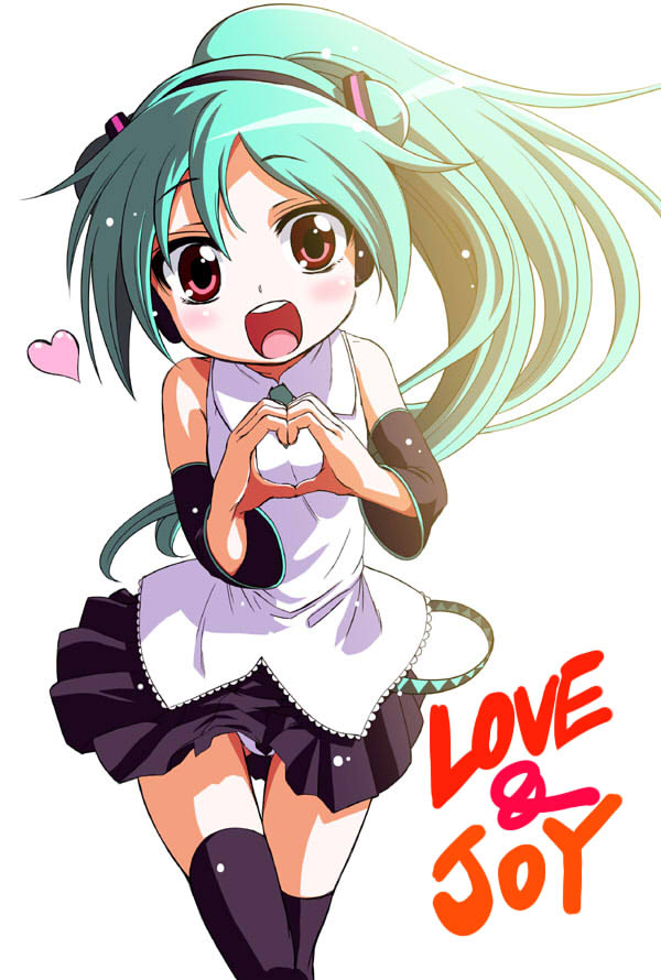 mikage baku, hatsune miku, vocaloid, 1girl, aqua hair, chibi, detached sleeves, female focus, heart, heart hands, long hair, panties, pantyshot, ponytail, red eyes, solo, thighhighs, underwear