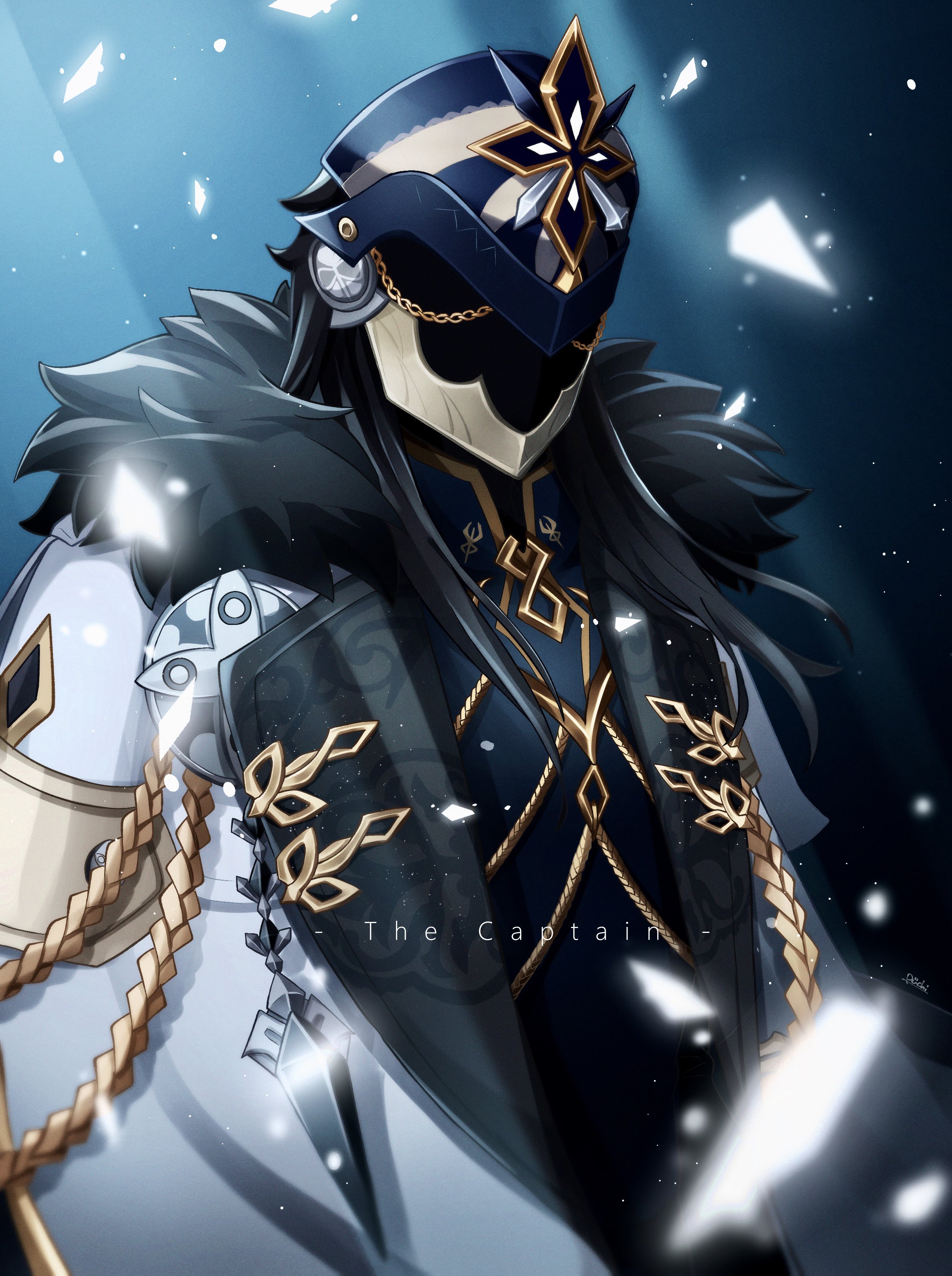 uouzzz, capitano (genshin impact), genshin impact, absurdres, commentary request, highres, 1boy, armor, black armor, black fur, black hair, black shirt, coat, collared shirt, english text, fur-trimmed collar, fur trim, gold trim, helmet, lapels, light rays, long hair, male focus, shirt, solo, sunbeam, sunlight, upper body, white coat