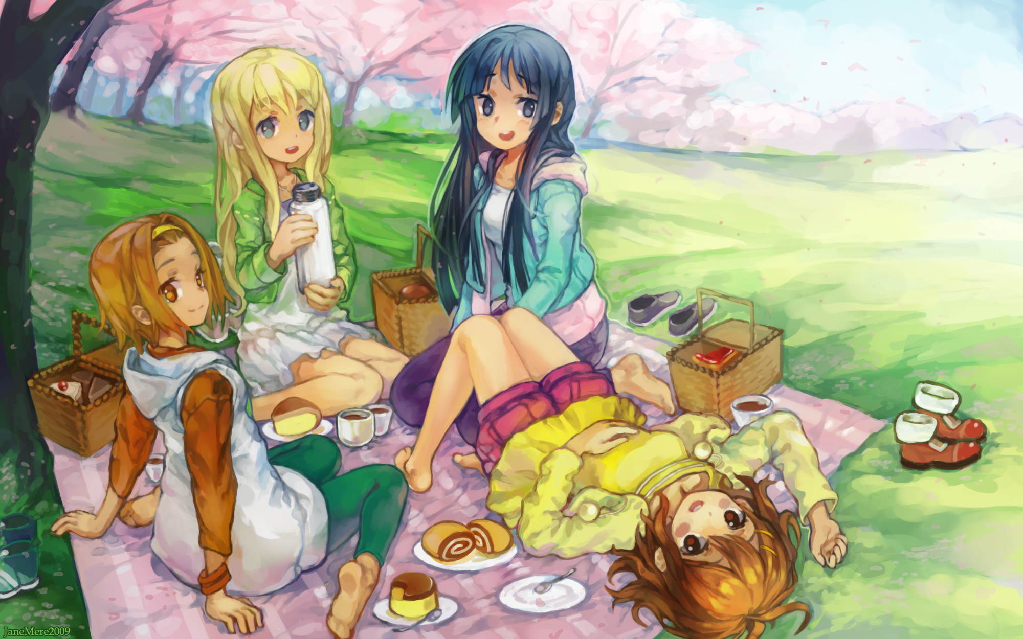 jane mere, akiyama mio, hirasawa yui, kotobuki tsumugi, tainaka ritsu, k-on!, highres, 00s, 4girls, barefoot, black hair, blonde hair, blue eyes, brown eyes, brown hair, cake, cherry blossoms, cup, day, dress, feet, food, grass, hair ornament, hairband, hanami, ho-kago tea time, kneeling, laughing, long hair, lying, multiple girls, orange eyes, outdoors, pastry, picnic, picnic basket, pudding, shoes, short hair, sitting, smile, soles, thermos, toes, tree