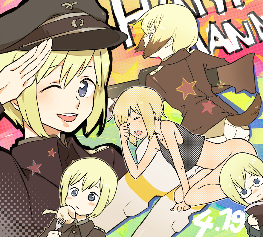 pe88y (yu tsugirls), erica hartmann, ursula hartmann, strike witches, strike witches: suomus misfits squadron, world witches series, uniform, 00s, 2girls, blonde hair, blue eyes, multicolored hair, multiple girls, short hair, tail, two-tone hair