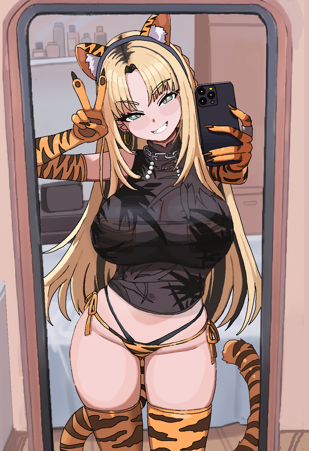 cl oor, koganei niko, hololive, highres, 1girl, animal ear hairband, animal ears, animal print, bikini, bikini bottom only, blonde hair, blue eyes, cellphone, clenched teeth, crop top, elbow gloves, fake animal ears, gloves, hairband, holding, holding phone, long hair, mirror, mirror selfie, phone, selfie, side-tie bikini bottom, smartphone, solo, swimsuit, tail, teeth, thighhighs, tiger ears, tiger print, tiger tail, v