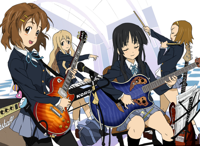 inumaroboya, inumaru (sougen no marogoya), akiyama mio, hirasawa yui, kotobuki tsumugi, tainaka ritsu, k-on!, 00s, 4girls, bass guitar, black hair, blonde hair, brown hair, drumsticks, electric guitar, gibson les paul, guitar, ho-kago tea time, instrument, long hair, multiple girls, pantyhose, school uniform, synthesizer