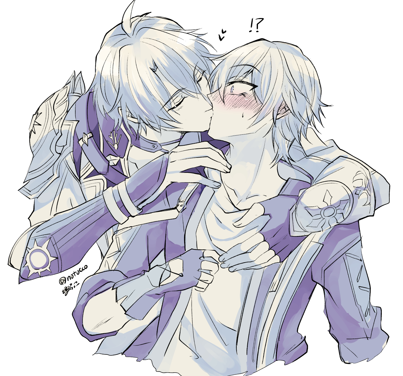 eirakko, caelus (honkai: star rail), phainon (honkai: star rail), trailblazer (honkai: star rail), honkai: star rail, honkai (series), commentary request, highres, !?, 2boys, antenna hair, arm armor, armor, artist name, blush, choker, closed eyes, coat, collarbone, fingerless gloves, fingernails, gloves, hair between eyes, hand up, heart, hood, hooded coat, jacket, kiss, lapels, long sleeves, looking at another, male focus, multiple boys, open clothes, open coat, shirt, short hair, shoulder armor, sun symbol, surprise kiss, surprised, sweatdrop, t-shirt, two-sided coat, two-sided fabric, upper body, wide-eyed, yaoi