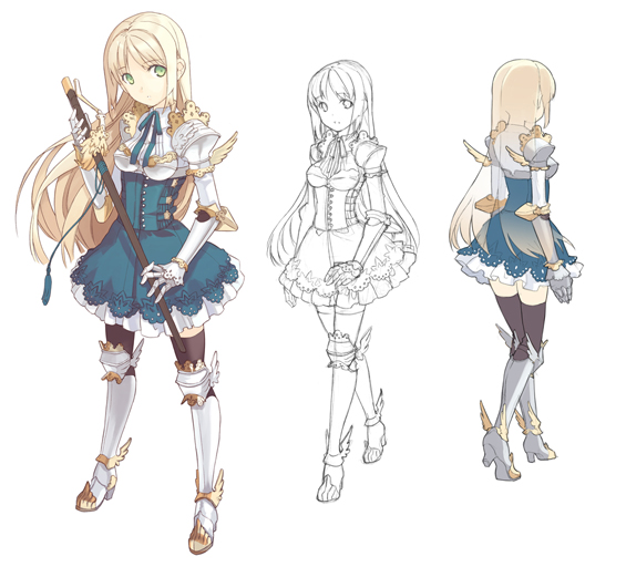 h2so4, armor, black thighhighs, blonde hair, bow, corset, dress, gauntlets, greaves, green eyes, high heels, lace, long hair, medieval, pauldrons, ribbon, shoes, shoulder armor, skirt, sword, thighhighs, weapon, wings, zettai ryouiki