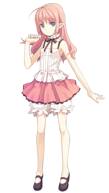 h2so4, original, 1girl, bloomers, blue eyes, bow, camisole, child, choker, female focus, frills, lace, legs, long hair, mary janes, miniskirt, pink hair, pleated skirt, pointy ears, ribbon, shoes, simple background, skirt, solo, standing, underwear