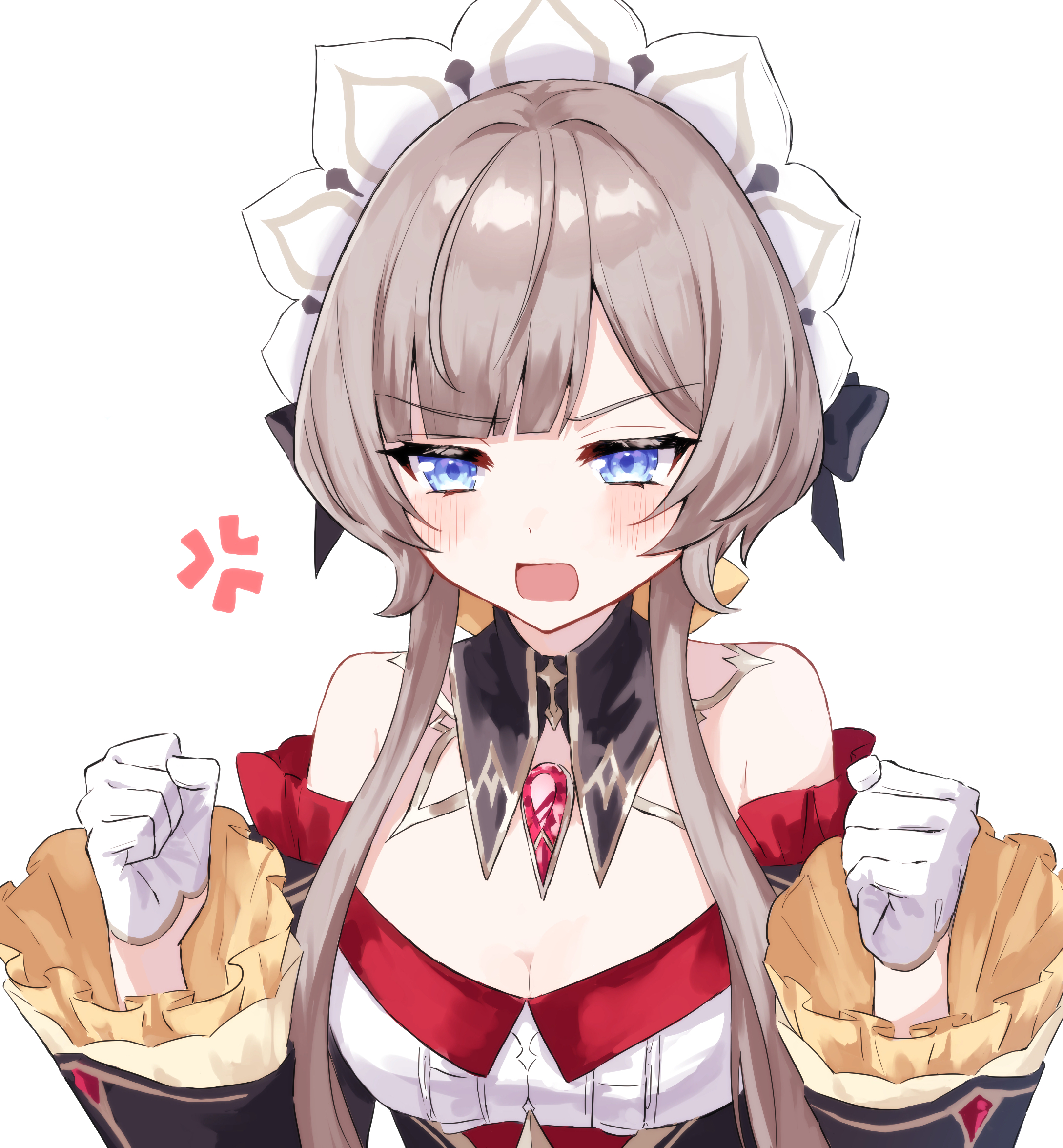 sandrone (genshin impact), genshin impact, commentary request, highres, 1girl, anger vein, bare shoulders, black collar, blue eyes, blush, breasts, brown hair, cleavage, collar, detached collar, detached sleeves, dress, frilled sleeves, frills, gem, gloves, headdress, long sleeves, open mouth, red gemstone, short hair with long locks, simple background, solo, strapless, strapless dress, upper body, user vtex3322, white background, white gloves, white headdress