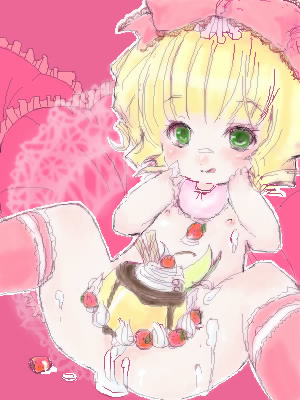 hinaichigo, rozen maiden, lowres, 00s, blonde hair, cake, food, loli, nude, ribbon, sweat