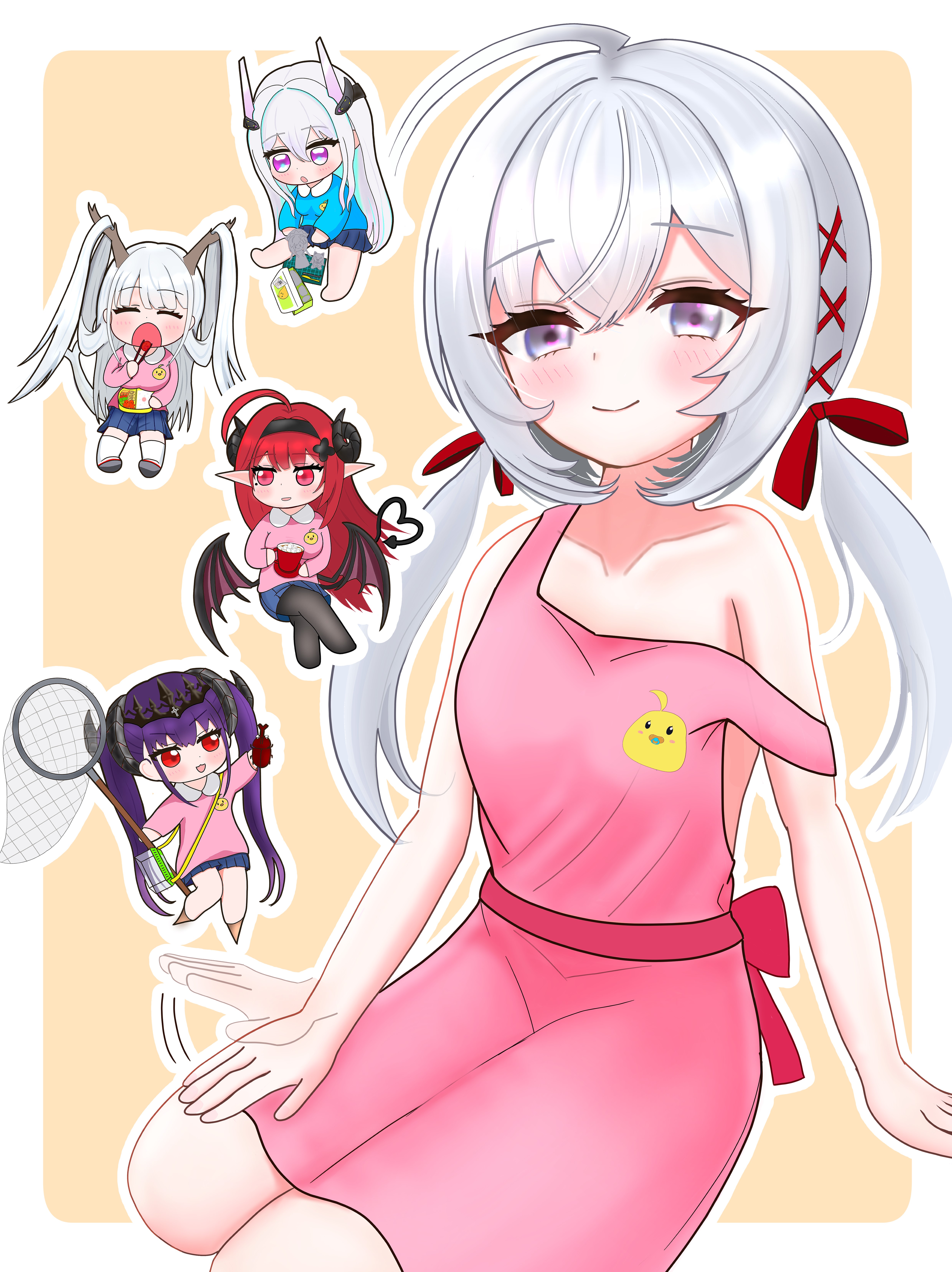 felix schultz (azur lane), flandre (azur lane), hindenburg (azur lane), kearsarge (azur lane), shimanto (azur lane), azur lane, absurdres, highres, 5girls, :>, ahoge, black horns, chibi, demon girl, demon horns, demon tail, demon wings, dragon girl, dragon horns, hair on horn, hair ribbon, heart, heart tail, horns, kindergarten uniform, long sleeves, low twintails, mole, mole under eye, multiple girls, pointy ears, purple hair, red eyes, red hair, red ribbon, ribbon, simple background, soda-mayomayo, tail, twintails, white hair, wings, yellow background