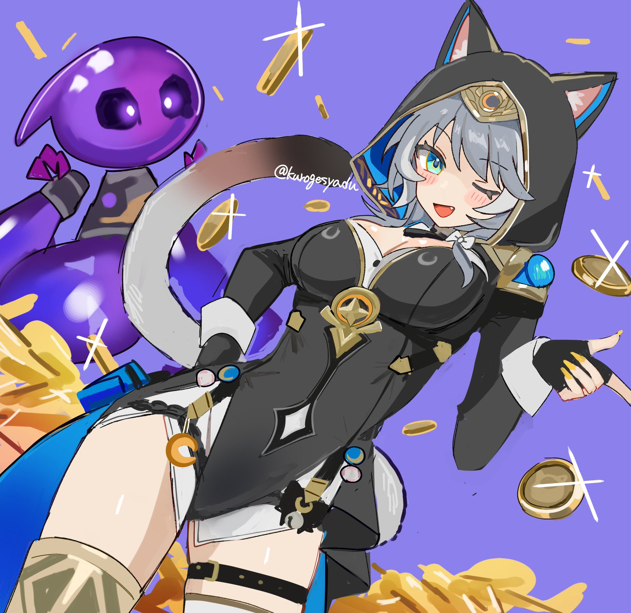 kuromu shado, cipher (honkai: star rail), spirithief bartholos (honkai: star rail), honkai: star rail, honkai (series), commentary request, highres, 1girl, ;o, animal ears, animal hood, black gloves, black leotard, blue eyes, boots, breasts, cat ears, cat girl, cat hood, cat tail, cleavage, coin, fingerless gloves, gloves, gold boots, gold coin, grey hair, hood, hooded leotard, leotard, one eye closed, purple background, short hair with long locks, shorts, tail, thighs, twitter username, white shorts, yellow nails