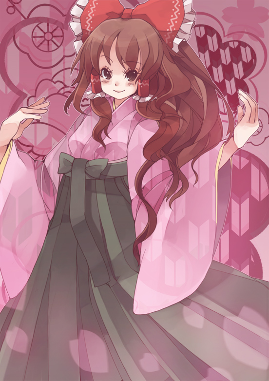 chachi, chachi (azuzu), hakurei reimu, touhou, bad id, bad pixiv id, 1girl, alternate costume, arrow print, bad anatomy, bad hands, bow, brown hair, female focus, hair bow, hakama, hakama skirt, japanese clothes, long hair, meiji schoolgirl uniform, poorly drawn, skirt, solo, wide sleeves, yagasuri