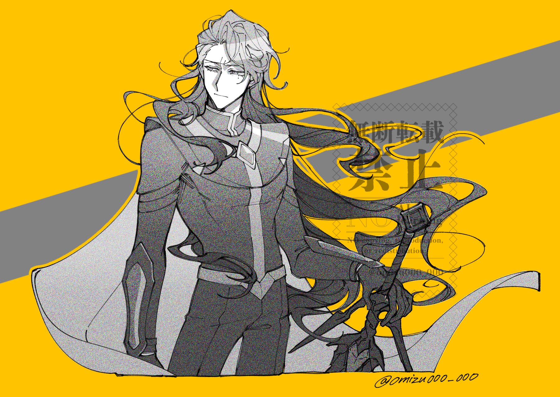 to be hero, to be hero x, highres, 1boy, black jacket, black pants, cape, cowboy shot, furrowed brow, holding, holding sword, holding weapon, jacket, light frown, long hair, male focus, messy hair, mole, mole under eye, monochrome, omizu000 000, orange background, pants, solo, superhero costume, sword, twitter username, vambraces, weapon, wreck (to be hero x)