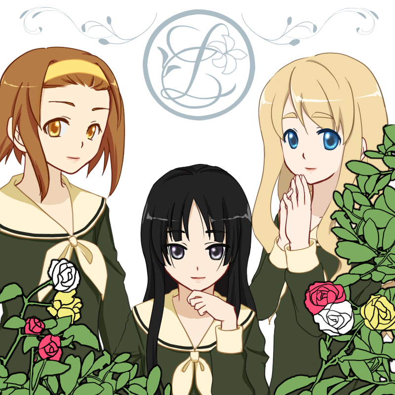 mishiyomi kazumi, akiyama mio, kotobuki tsumugi, tainaka ritsu, k-on!, maria-sama ga miteru, 3girls, black eyes, black hair, blonde hair, blue eyes, brown eyes, brown hair, cosplay, flower, hairband, long hair, look-alike, multiple girls, rose, school uniform, serafuku, short hair