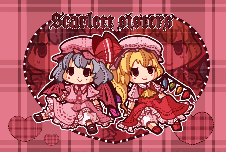 chachi, chachi (azuzu), flandre scarlet, remilia scarlet, touhou, bad id, bad pixiv id, 2girls, bat wings, blonde hair, blue hair, chibi, doll, female focus, hat, multiple girls, red eyes, short hair, siblings, sisters, wings
