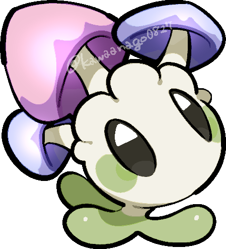 kawaanago, morelull, nintendo, pokemon, commentary request, lowres, chibi, chibi only, full body, gen 7 pokemon, mushroom, no humans, pokemon (creature), pokemon focus, solo, transparent background, twitter username
