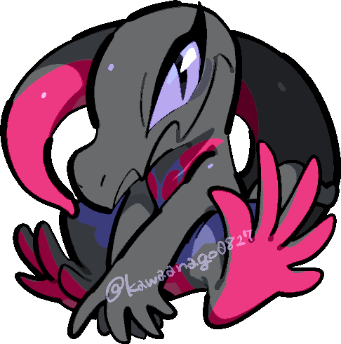 kawaanago, salazzle, nintendo, pokemon, commentary request, lowres, chibi, chibi only, closed mouth, eyelashes, full body, gen 7 pokemon, nostrils, pokemon (creature), pokemon focus, sitting, slit pupils, solo, transparent background, twitter username