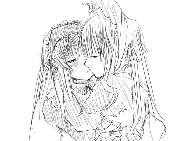 shinku, suigintou, rozen maiden, artist request, tagme, 00s, 2girls, kiss, monochrome, multiple girls, sketch, yuri