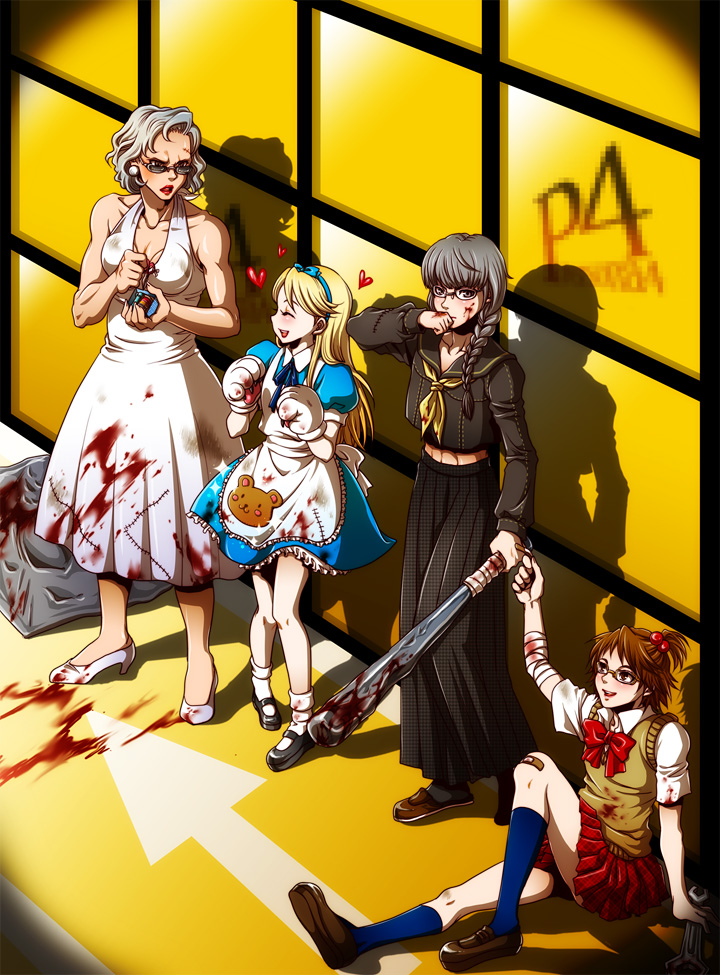 kida sukizou, lilysick, alice (alice in wonderland), hanamura yousuke, kuma (persona 4), narukami yu, tatsumi kanji, alice's adventures in wonderland, atlus, persona, persona 4, 4boys, alice (alice in wonderland) (cosplay), animal hands, apron, bandages, baseball bat, blonde hair, blood, bow, brown eyes, brown hair, cat paws, closed eyes, cosplay, crossdressing, crossdressing (mtf), dress, glasses, gloves, hair ornament, heart, high heels, laughing, lipstick, long hair, maid, maid apron, makeup, mary janes, miniskirt, multiple boys, paw gloves, pleated skirt, ponytail, ribbon, school uniform, serafuku, shoes, short hair, sitting, skirt, smile, socks, standing, sweater, sweater vest, trap, vest, weapon, white hair, wrench