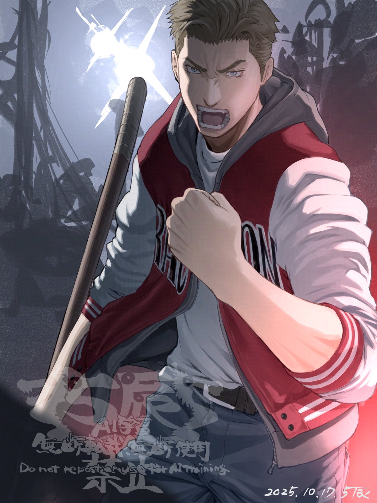 5tatsu, samuel jordan, resident evil, resident evil: resistance, highres, 1boy, belt buckle, blue eyes, blue pants, brown hair, buckle, clenched hand, cowboy shot, denim, furrowed brow, holding, holding weapon, jacket, jeans, letterman jacket, male focus, open mouth, pants, red jacket, shirt, short hair, solo, weapon, white shirt, white sleeves