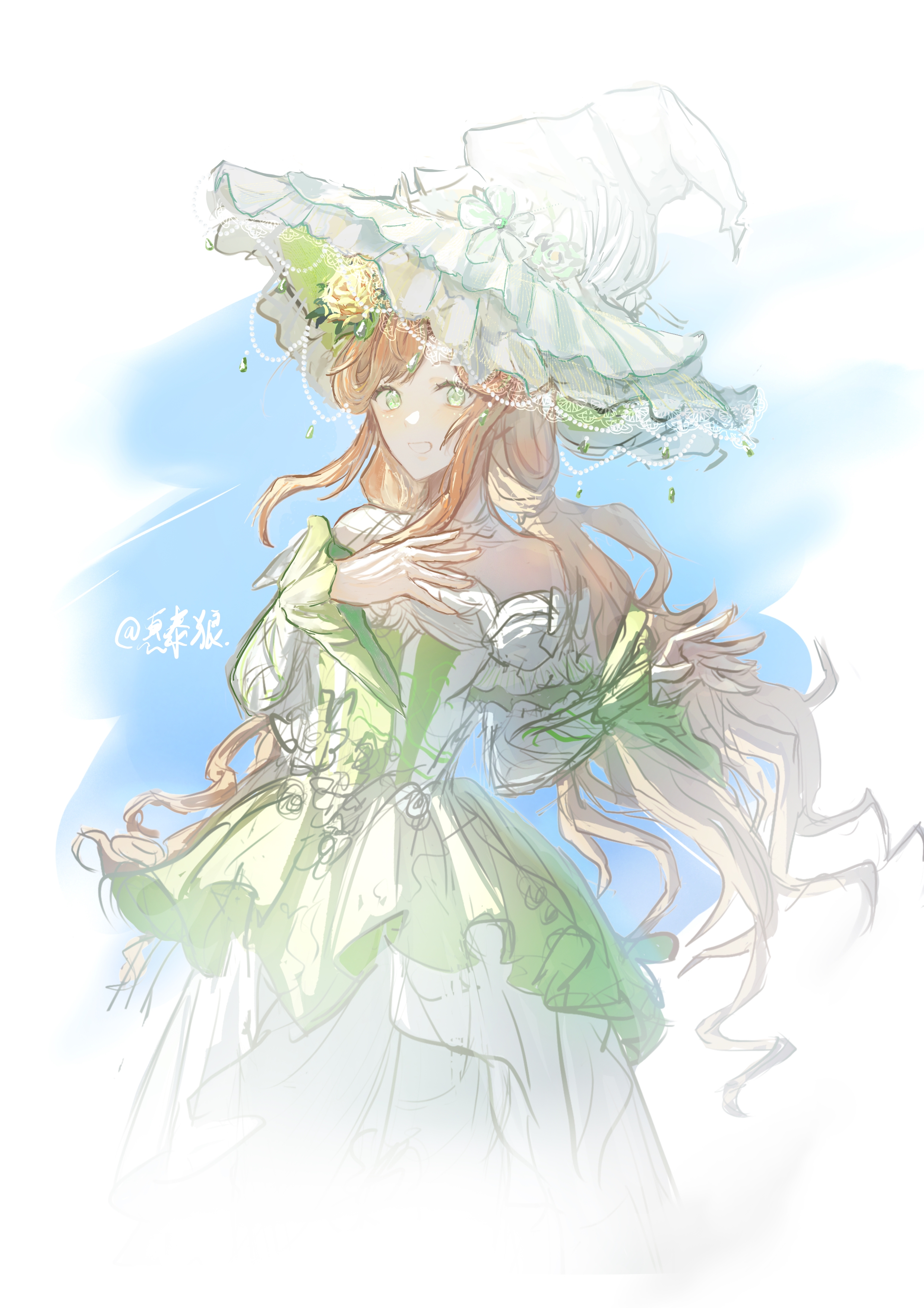 infinity nikki, nikki (series), absurdres, chinese commentary, commentary request, highres, 1girl, artist name, bare shoulders, blue background, bow, brown hair, cowboy shot, dress, eternalsummer49218, eyelashes, flower, frilled headwear, frilled sleeves, frills, green dress, green eyes, hair flower, hair ornament, hand on own chest, happy, hat, jewelry, layered dress, layered sleeves, light blush, long dress, long hair, long sleeves, low twintails, necklace, off-shoulder dress, off shoulder, open mouth, outstretched hand, rainfall & blossoms (infinity nikki), short over long sleeves, short sleeves, sidelocks, sketch, sleeve bow, smile, solo, standing, swept bangs, twintails, two-tone background, very long hair, vignetting, wavy hair, white background, white bow, white dress, white hat, witch, witch hat, yellow flower