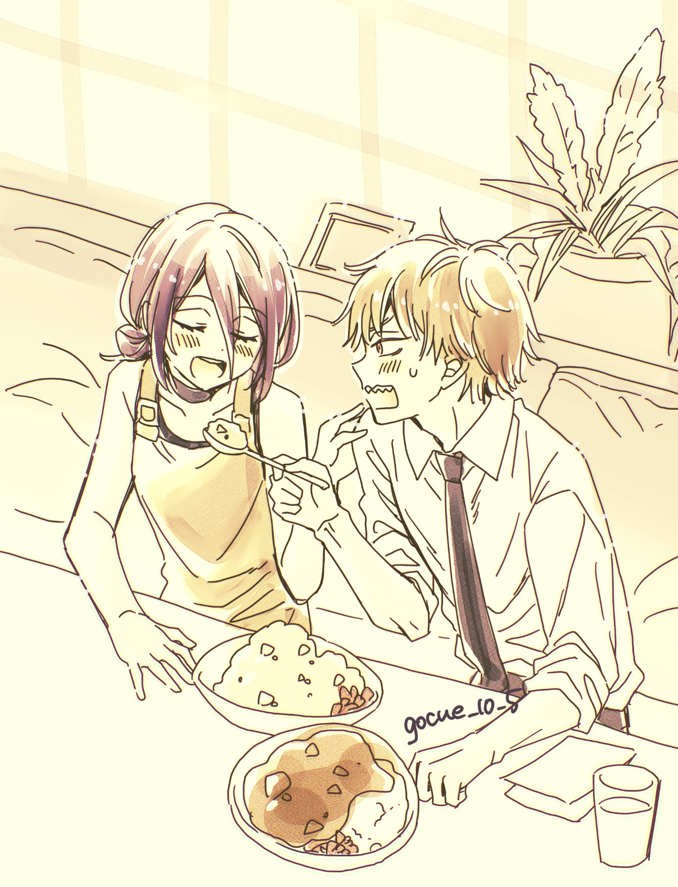 59 (seventhstar), denji (chainsaw man), reze (chainsaw man), chainsaw man, highres, 1boy, 1girl, black necktie, blonde hair, blush, closed eyes, collared shirt, cup, feeding, furrowed brow, hair between eyes, hair bun, hand on another's shoulder, holding, holding spoon, looking at another, medium hair, necktie, open mouth, overalls, picture frame, plant, potted plant, purple hair, rice, sharp teeth, shirt, short hair, sleeveless, sleeveless shirt, sleeves rolled up, smile, spoon, sweatdrop, teeth, twintails, updo, white shirt