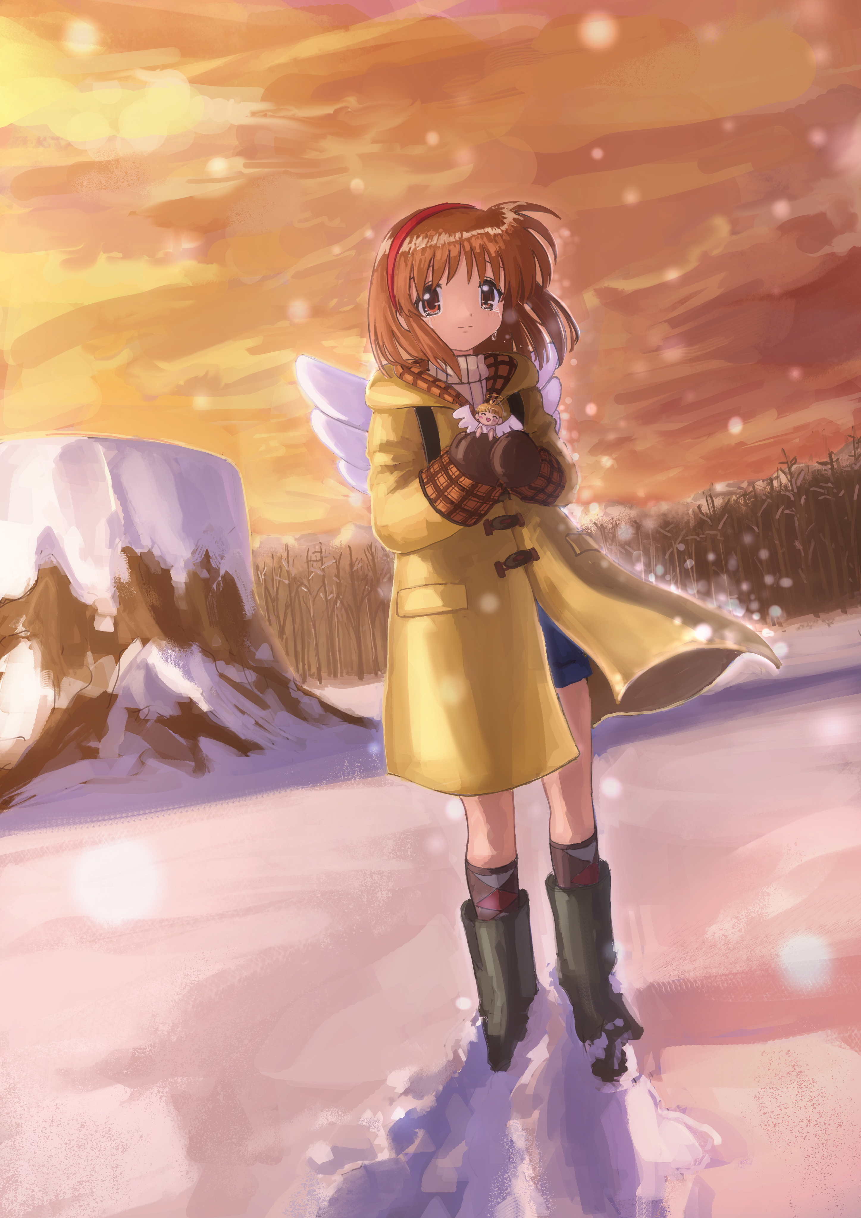anbiyori, tsukimiya ayu, kanon, absurdres, commentary, highres, 1girl, angel, angel wings, backlighting, backpack, bag, black boots, blue shorts, boots, brown eyes, brown hair, brown mittens, closed mouth, coat, crying, crying with eyes open, doll, eyebrows hidden by hair, fake wings, full body, glowing, hair between eyes, hairband, hands up, holding, holding doll, long sleeves, looking at viewer, medium hair, mittens, outdoors, red hairband, ribbed sweater, shorts, smile, snow, snowing, solo, split mouth, standing, sunset, sweater, tareme, tears, turtleneck, turtleneck sweater, white sweater, wings, winter, yellow coat