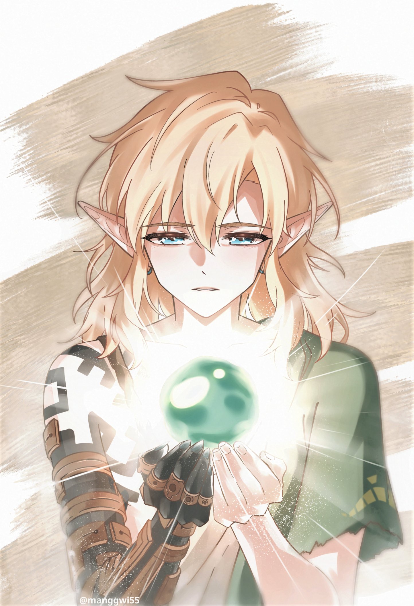 link, nintendo, the legend of zelda, the legend of zelda: tears of the kingdom, highres, 1boy, black skin, blue eyes, body markings, colored skin, fingernails, glowing, green tunic, hair between eyes, half-closed eyes, male focus, manggwi55, medium hair, multicolored skin, outstretched arms, parted lips, pointy ears, sharp fingernails, solo, tunic, two-tone skin, upper body