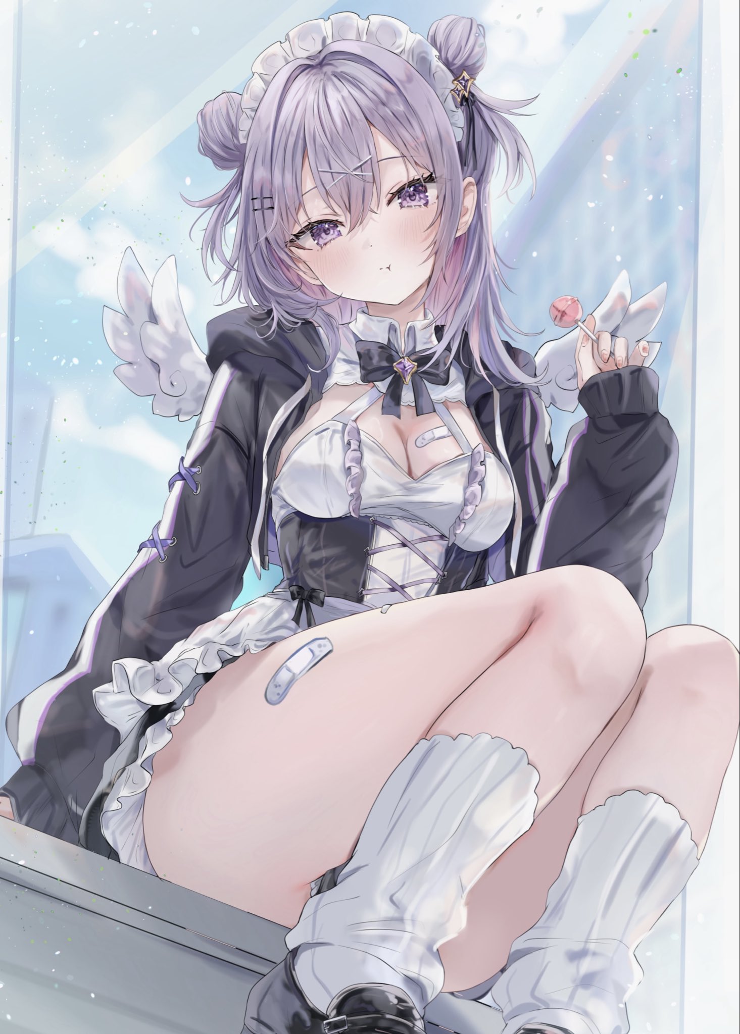 maruro, original, highres, 1girl, angel wings, bandaid, black boots, black dress, boots, breasts, candy, dress, expression request, food, foot out of frame, grey hair, hand up, lollipop, looking at viewer, maid headdress, medium breasts, purple eyes, sitting, socks, solo, white dress, white socks, white wings, wings