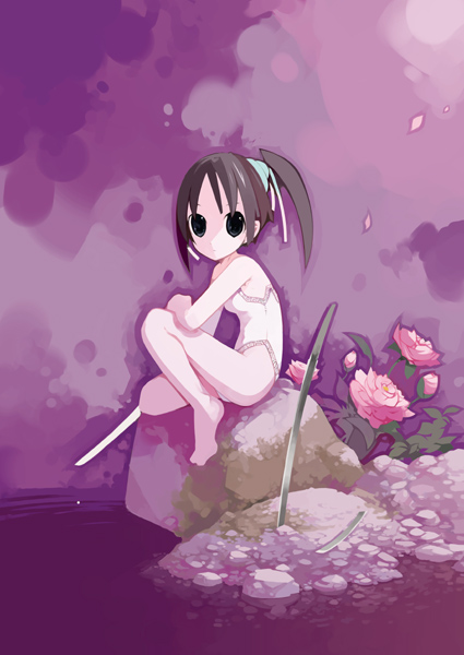 haruse hiroki, original, 1girl, black eyes, black hair, female focus, flower, katana, one-piece swimsuit, pink flower, pink rose, ponytail, purple theme, rose, sitting, solo, swimsuit, sword, weapon