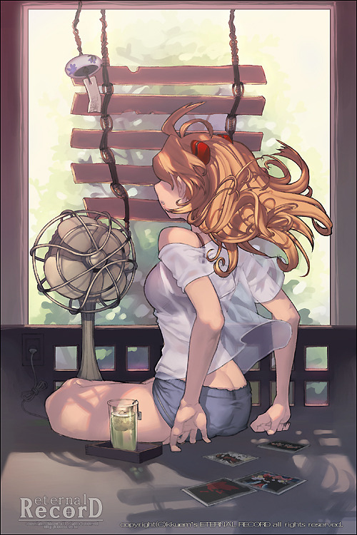 kkuem, souryuu asuka langley, neon genesis evangelion, duplicate, 1girl, ass, blonde hair, breasts, butt crack, electric fan, female focus, from behind, hair ornament, hairpin, indoors, long hair, orange hair, red hair, shirt, shorts, sitting, solo
