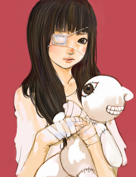 kazaana, original, bandages, brown eyes, brown hair, eyepatch, long hair, scar, solo, stitches, stuffed animal, stuffed toy, teddy bear, teeth