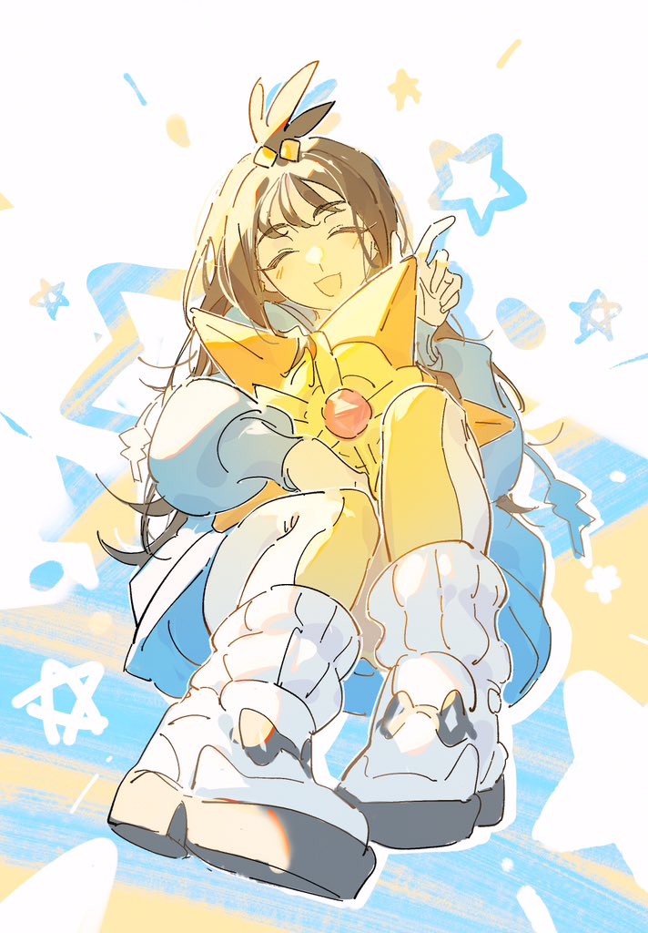krg 0603, lida (pokemon), staryu, nintendo, pokemon, pokemon legends: z-a, 1girl, black hair, blue hoodie, blush, closed eyes, cube hair ornament, gen 1 pokemon, hair ornament, holding, holding pokemon, hood, hoodie, jacket, leggings, long hair, long sleeves, open mouth, orange leggings, pokemon (creature), ribbed socks, shoes, smile, socks, star (symbol), topknot, two-tone legwear, white leggings, wispy bangs
