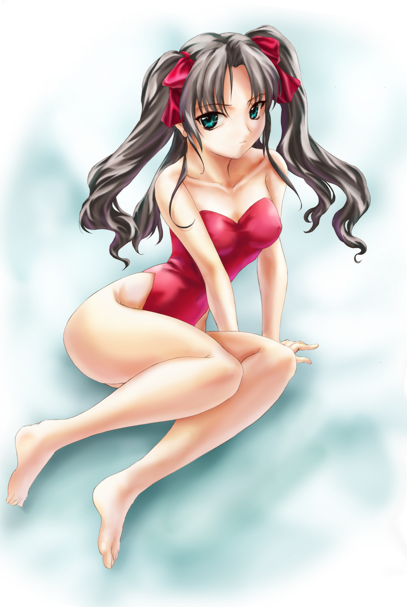 igarashi kei, tohsaka rin, fate/stay night, fate (series), type-moon, absurdres, highres, 00s, 1girl, aqua eyes, arm support, bare arms, bare legs, bare shoulders, barefoot, black hair, collarbone, covered navel, feet, female focus, full body, hair ribbon, highleg, highleg leotard, highleg one-piece swimsuit, legs, leotard, long hair, long legs, looking at viewer, neck, one-piece swimsuit, red leotard, red one-piece swimsuit, red ribbon, ribbon, serious, sitting, solo, strapless, strapless leotard, strapless one-piece swimsuit, swimsuit, two side up