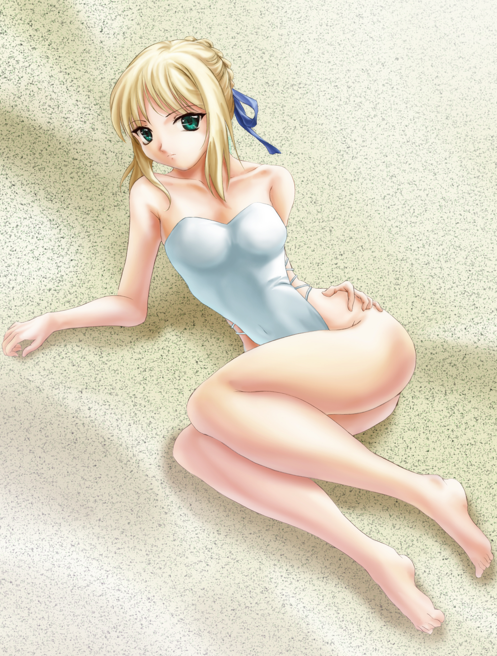 artoria pendragon (fate), saber (fate), fate/stay night, fate (series), absurdres, highres, 00s, alternate costume, bare shoulders, barefoot, blonde hair, collarbone, feet, green eyes, highleg, highleg one-piece swimsuit, one-piece swimsuit, ribbon, solo, strapless, strapless one-piece swimsuit, swimsuit