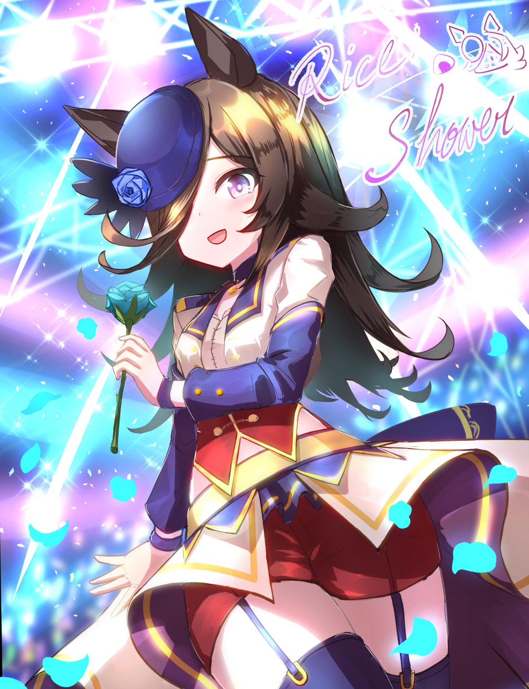 rice shower (umamusume), umamusume, highres, 1girl, animal ears, blue flower, blue hat, blue rose, blue thighhighs, blush, bodice, brown hair, choker, corset, cropped jacket, flipped hair, flower, garter straps, hair over one eye, hat, hat flower, holding, holding flower, horse ears, horse girl, jacket, long hair, looking at viewer, official alternate costume, open mouth, overskirt, pendant choker, petals, purple choker, purple eyes, purple garter straps, purple thighhighs, red corset, red shorts, rose, shirt, shorts, smile, solo, starting future (umamusume), thighhighs, white jacket