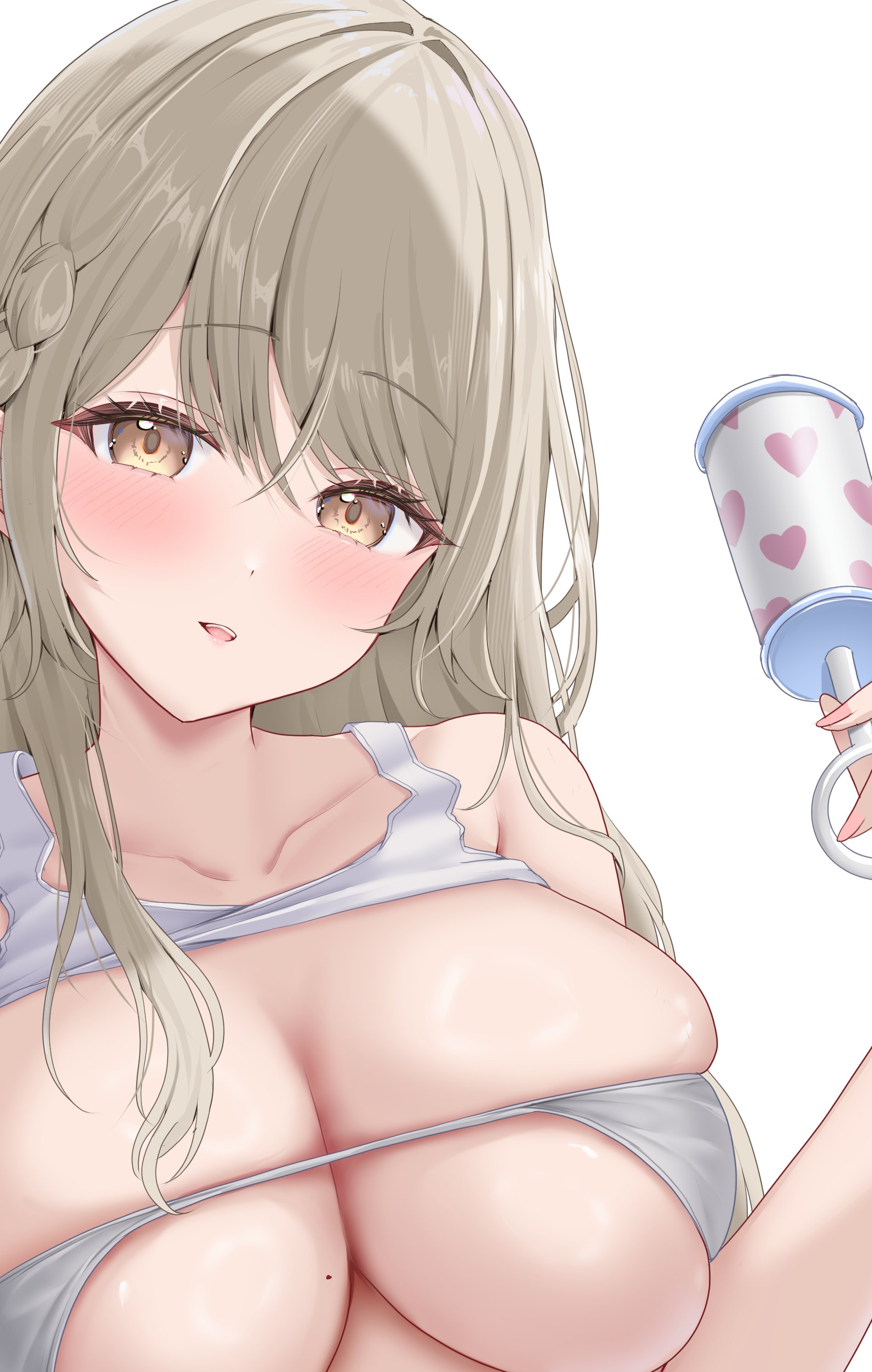 uni ikura, original, absurdres, highres, 1girl, bare shoulders, blush, braid, breasts, brown eyes, brown hair, cleavage, collarbone, covered erect nipples, holding, holding rattle, large breasts, long hair, looking at viewer, mole, mole on breast, open mouth, rattle, shirt, simple background, smile, solo, tank top, white background, white tank top