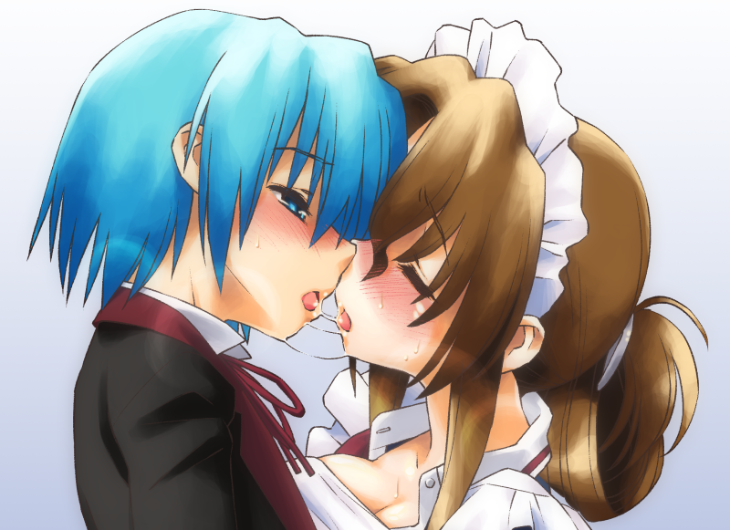bolze, ayasaki hayate, maria (hayate no gotoku!), hayate no gotoku!, 00s, 1boy, 1girl, after kiss, blue eyes, blue hair, blush, breasts, brown hair, cleavage, closed eyes, folded ponytail, french kiss, from side, gradient background, hairband, hetero, kiss, maid, saliva, saliva trail